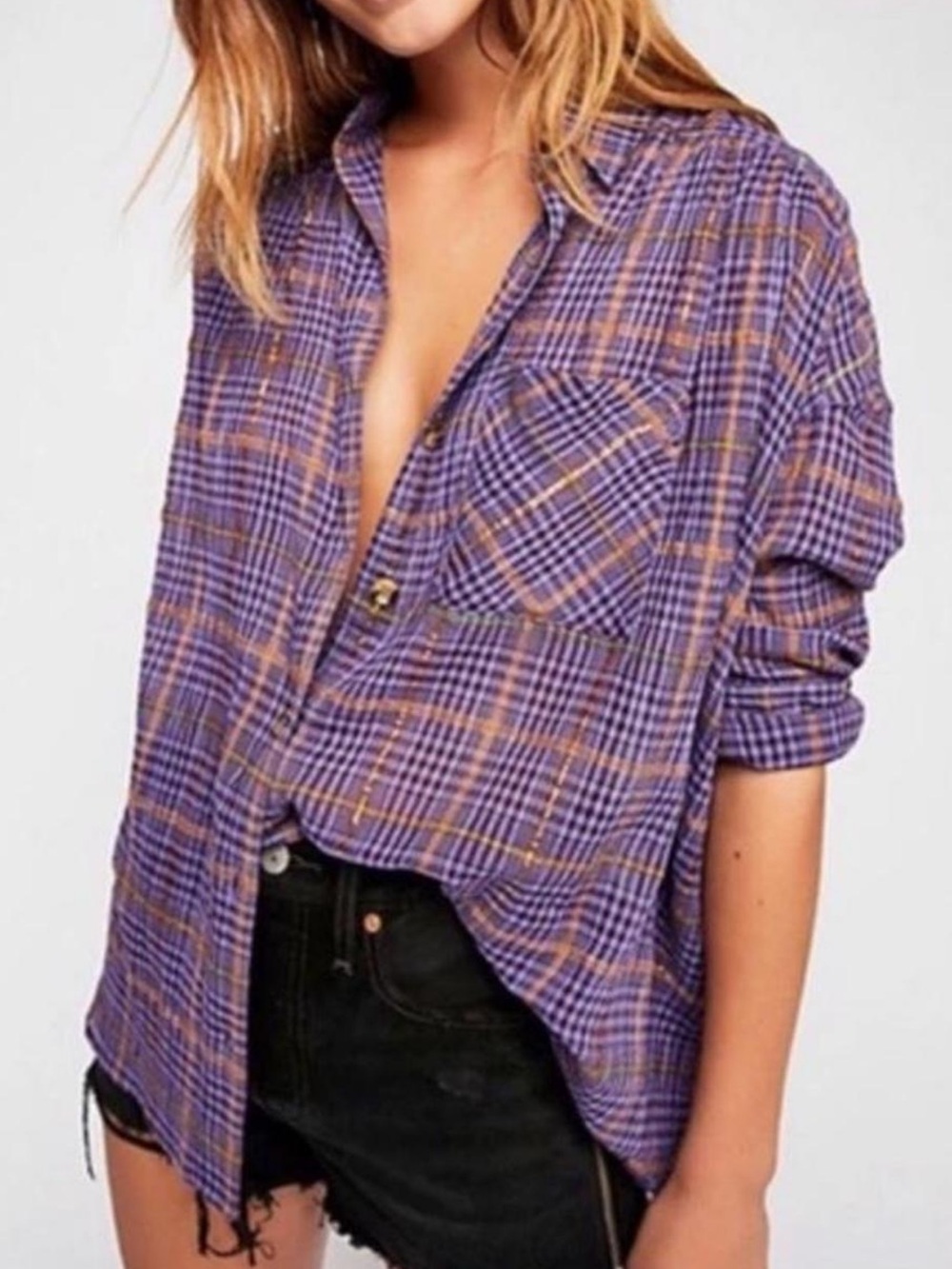 Free People Break My Stride Oversized Plaid Metallic Tunic Shirt XS
